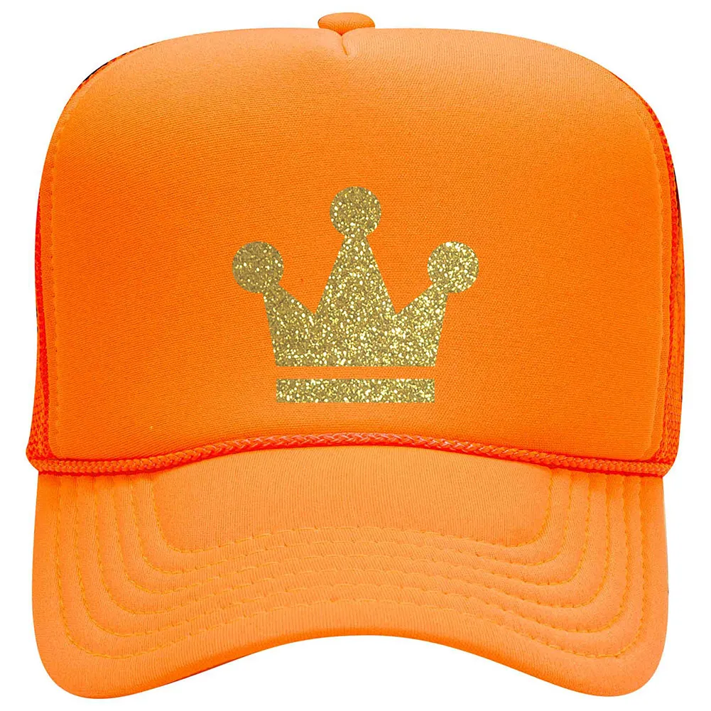 Gold Crown Glitter Printed Neon 5 Panel High Crown Foam Mesh Back Trucker Hat - for Men and Women