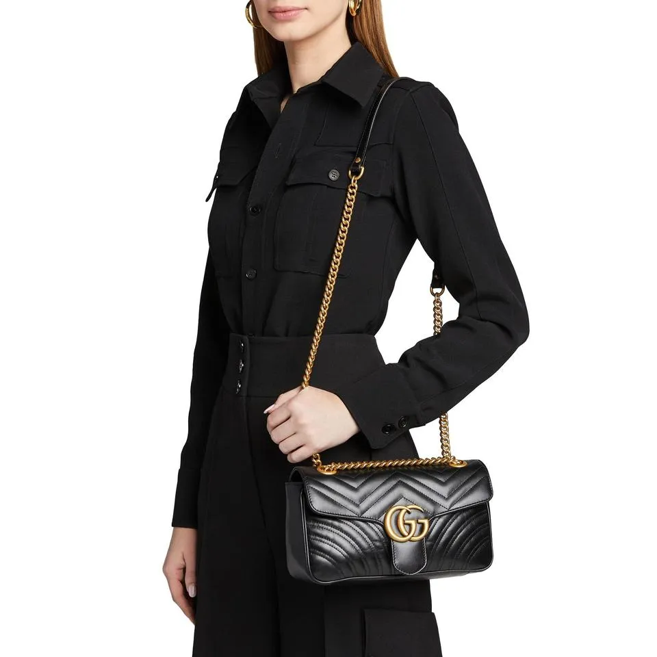 Gucci Marmont Gg Small Matelasse Black Leather Shoulder Bag