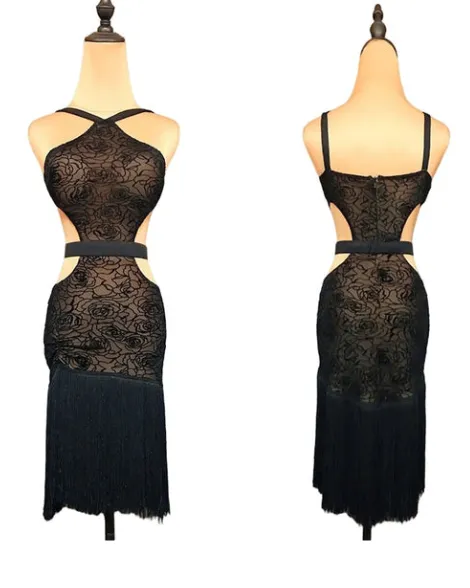 Halter Fringe Latin Practice Dress with Black Rose Signet Mesh and Lycra Belt PRA 711