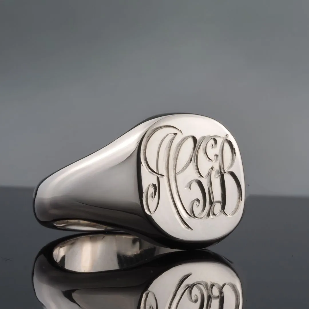 Hand Engraved Initials Heavy Weight Silver Signet Ring