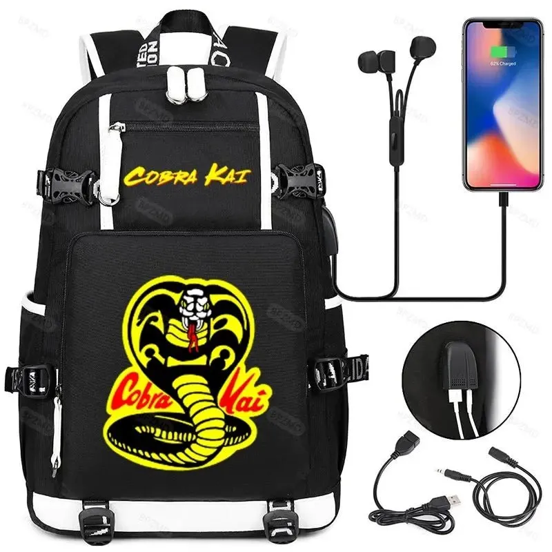 High Quality Anime Cobra Kai School Bag - USB Charging Backpack for Teens Boys Girls Men Women - Travel Laptop Bookbag