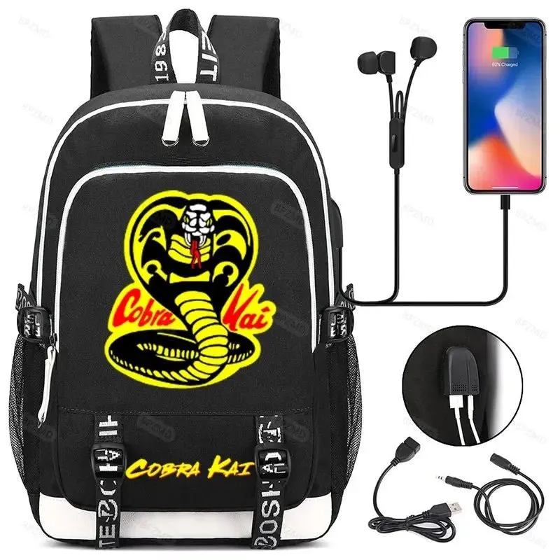 High Quality Anime Cobra Kai School Bag - USB Charging Backpack for Teens Boys Girls Men Women - Travel Laptop Bookbag