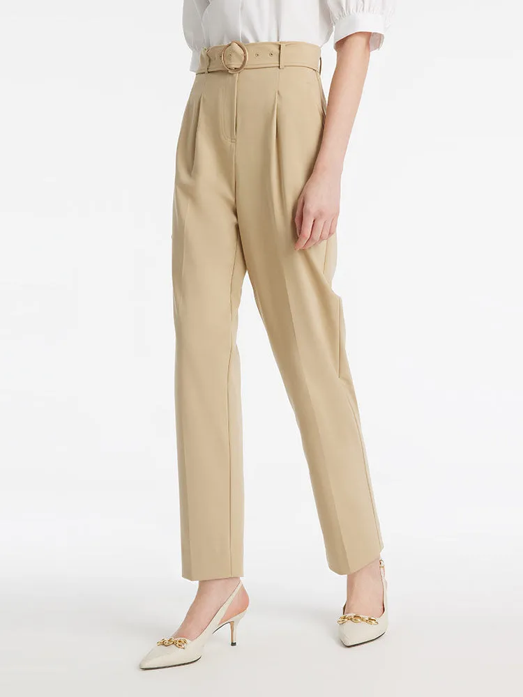 High-Waisted Ruched Tapered Women Pants With Belt