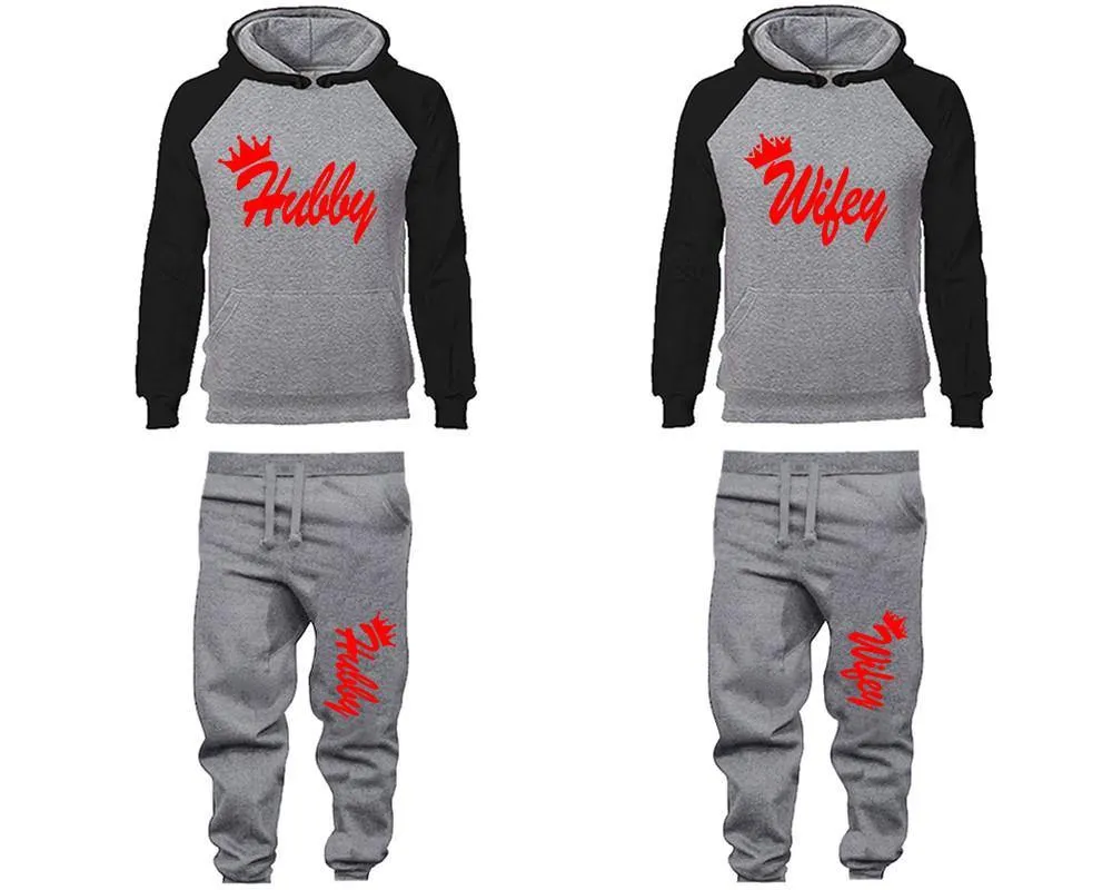 Hubby Wifey Couple Hoodies and Jogger Pants, Matching Top and Bottom Set