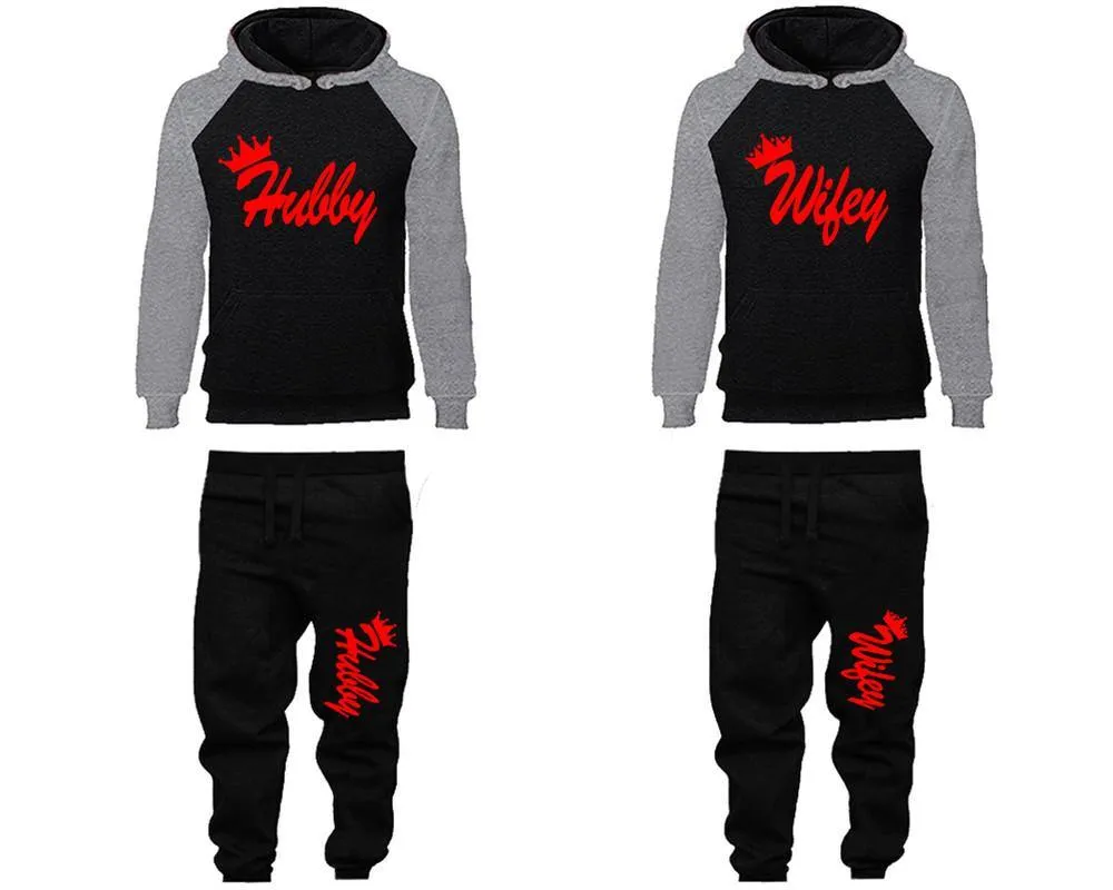 Hubby Wifey Couple Hoodies and Jogger Pants, Matching Top and Bottom Set