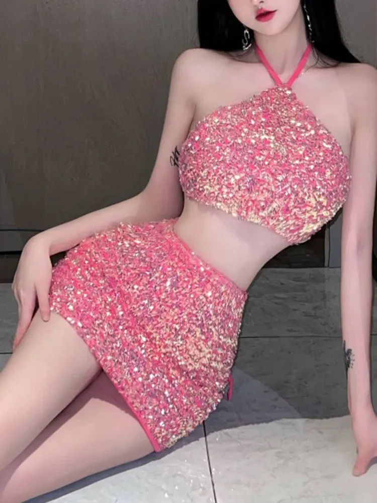 Korean Halter Pink Sequins Backless High Waisted Y2k Mini Skirt