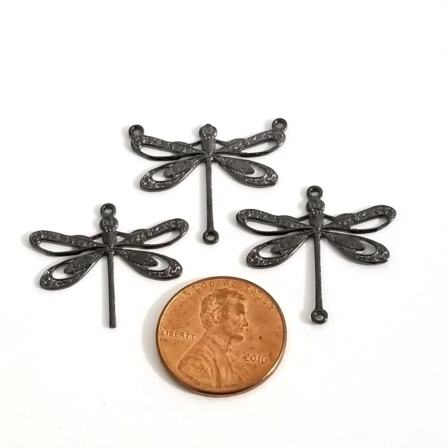 Large Black Filigree Dragonfly Pendant Connector Charm, 3 Loops, Lot Size 10, #10BL