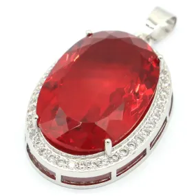 Large Oval Simulated Red Ruby CZ Solitaire Pendant Necklace