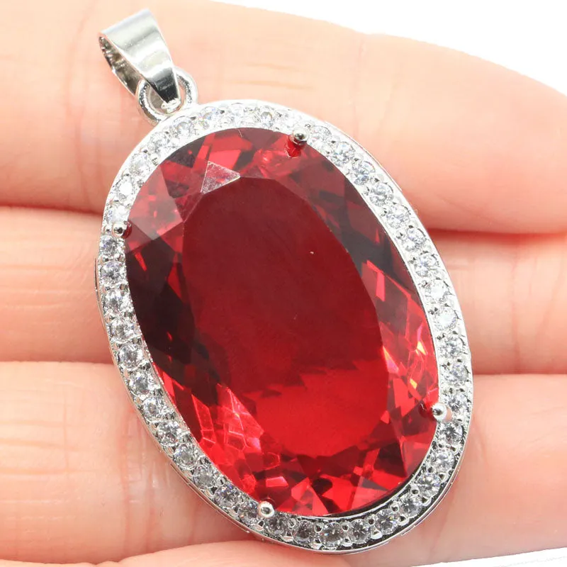 Large Oval Simulated Red Ruby CZ Solitaire Pendant Necklace