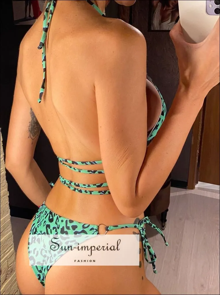 Leopard Green Wrap around String Triangle Bikini top & side Tie Ruffle bottom Bikini Set