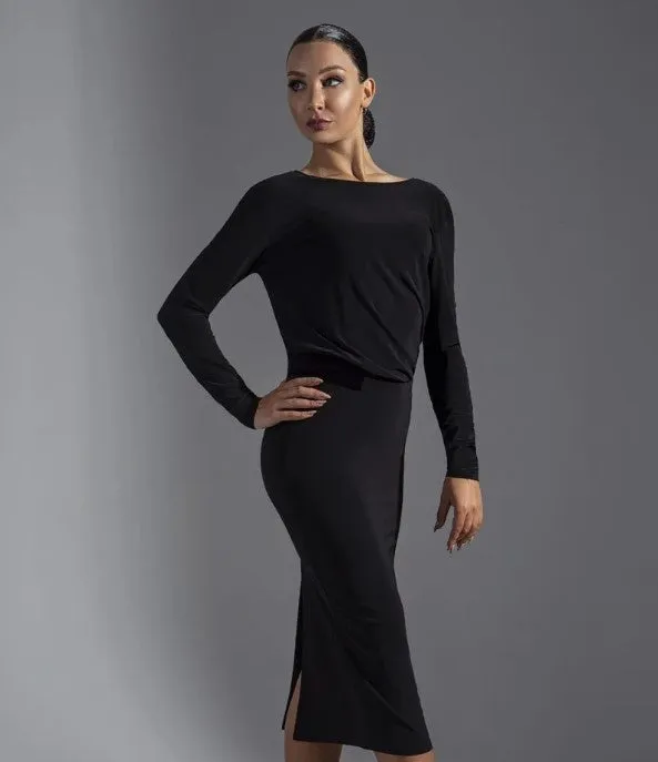 Long Black Latin/Club Dance Practice Dress with Long Sleeves PRA 571a