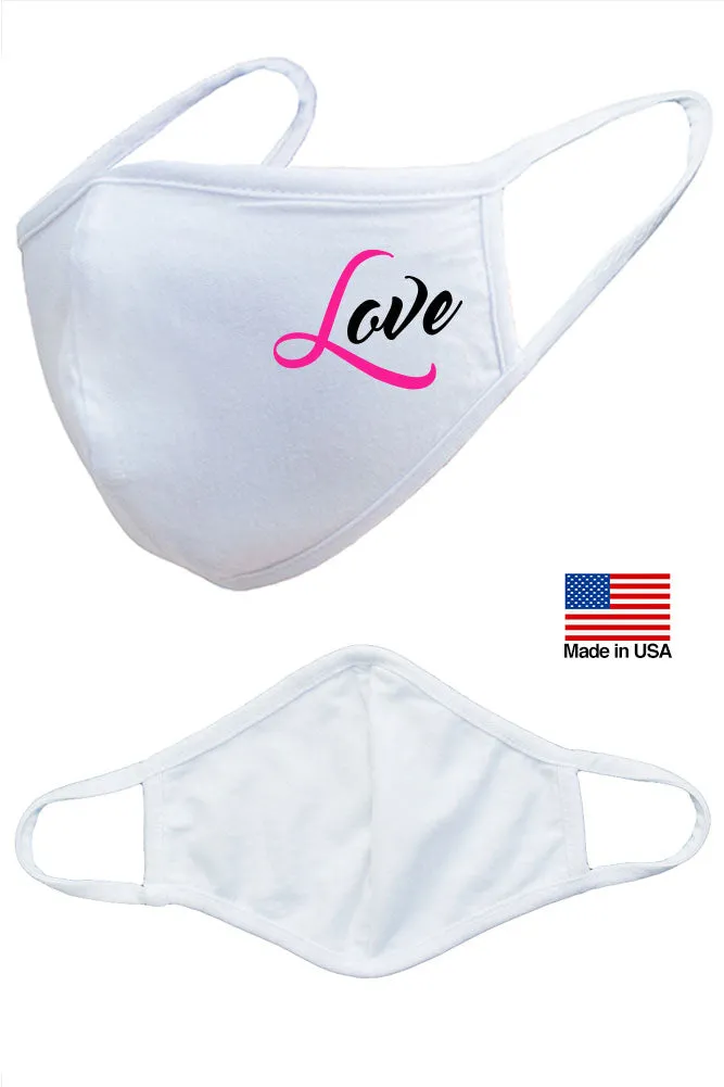 Love Pink Breast Cancer Ribbon Reusable Washable Cotton Face Masks - Made in USA