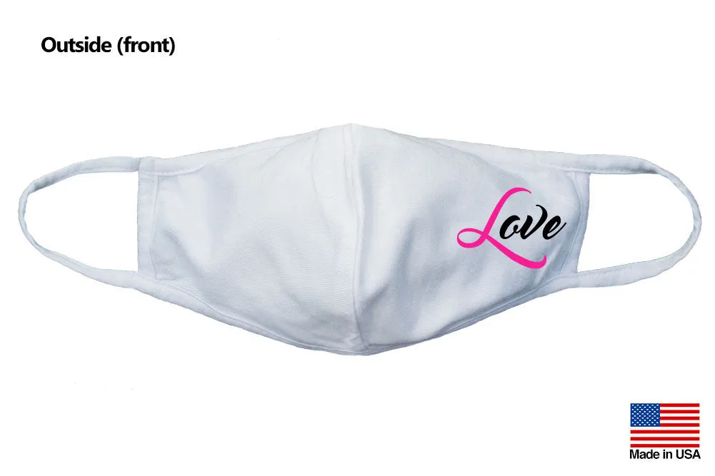 Love Pink Breast Cancer Ribbon Reusable Washable Cotton Face Masks - Made in USA