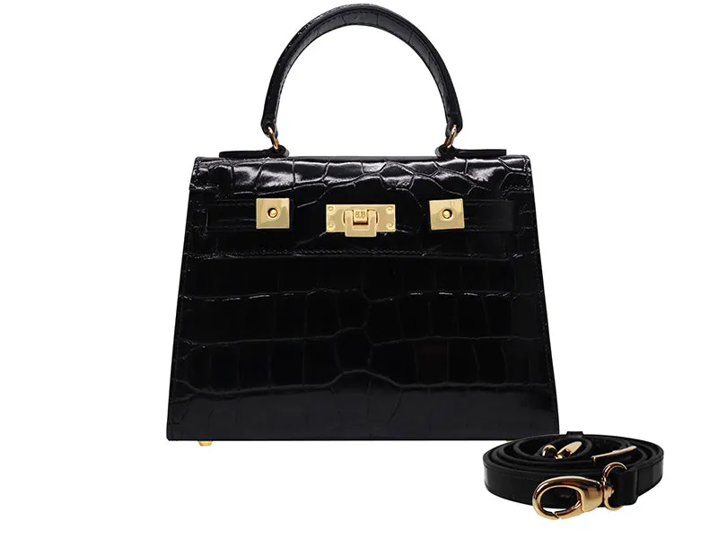 Maya Midi Orinoco 'Croc' Print Calf Leather Handbag - Black