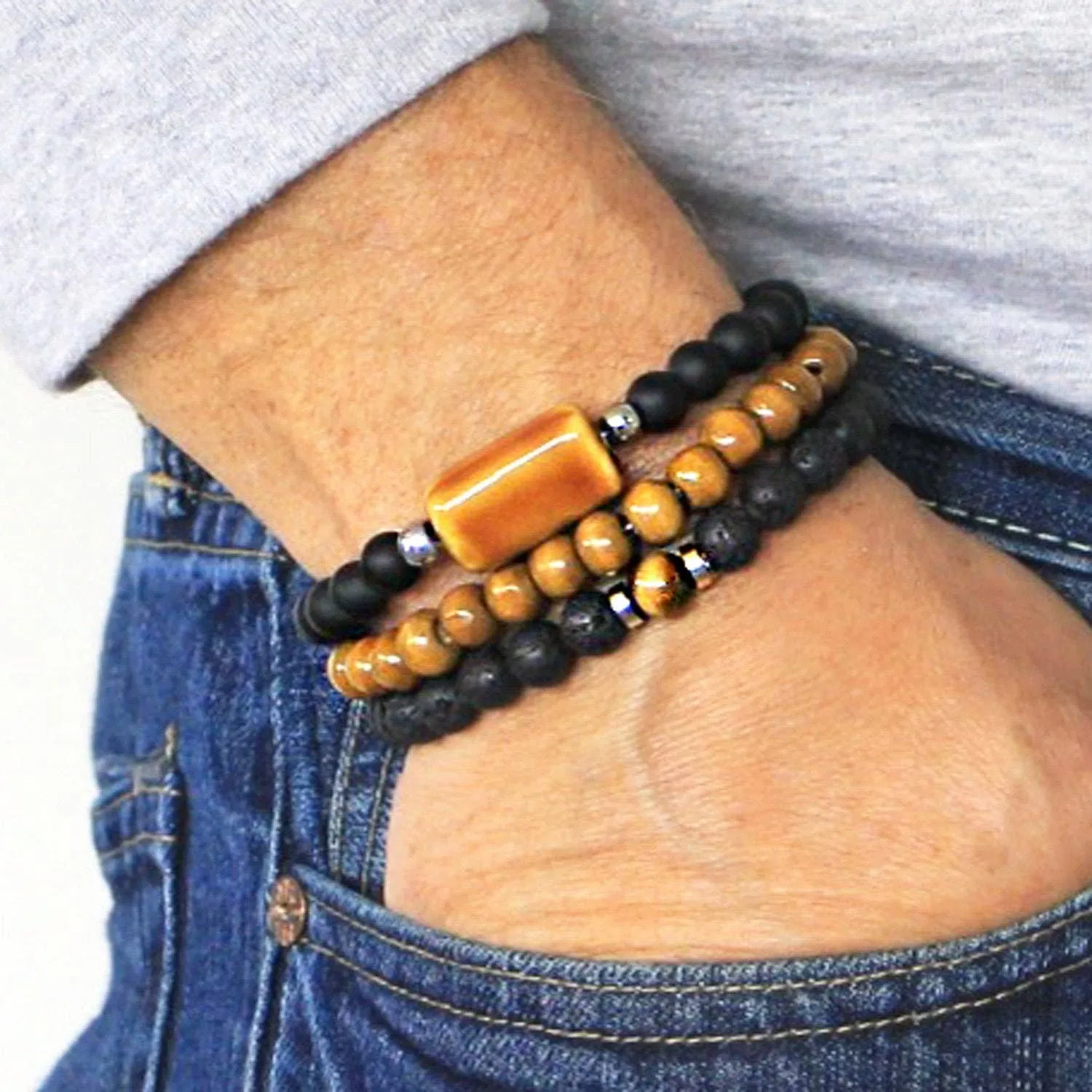 Men's Bracelets Set of 3 Beaded Stretch Bracelets