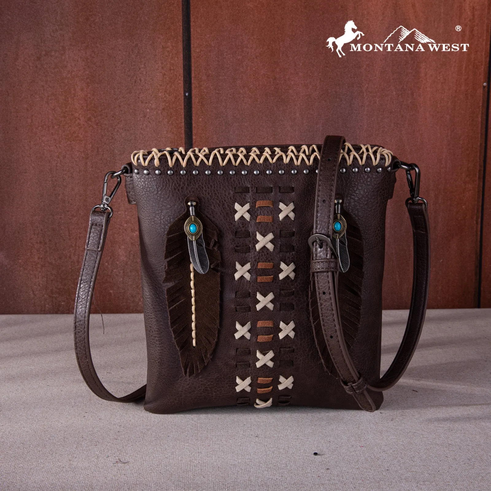 Montana West Concho Feather Whipstitch Crossbody Bag