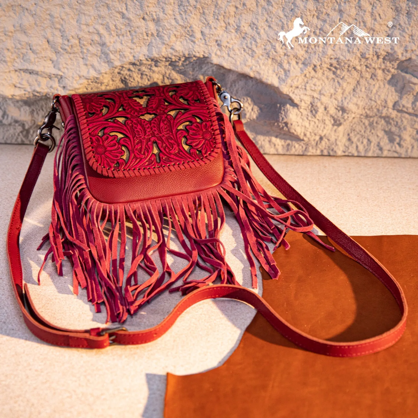 Montana West Genuine Leather Tooled Fringe Crossbody