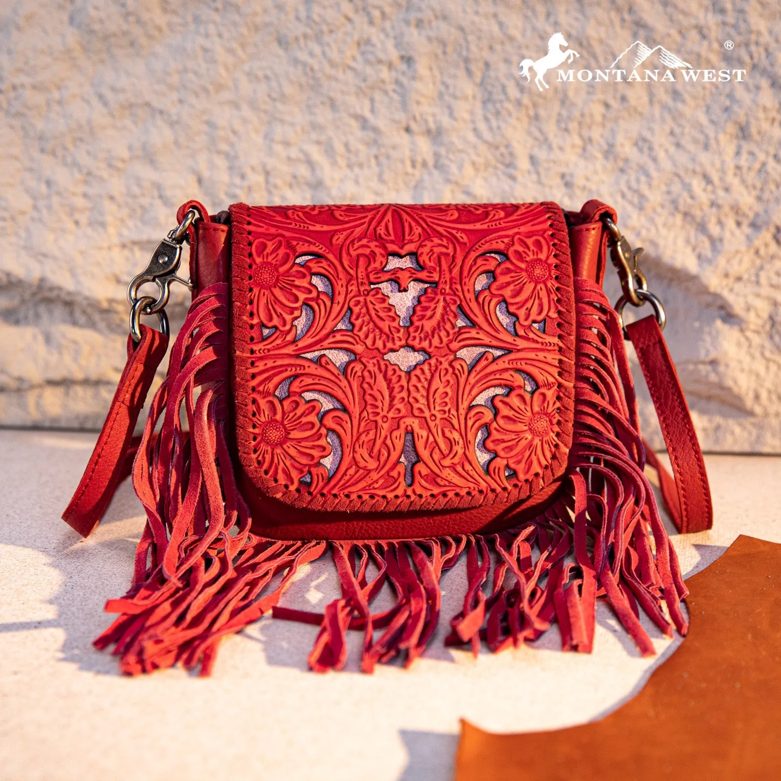 Montana West Genuine Leather Tooled Fringe Crossbody