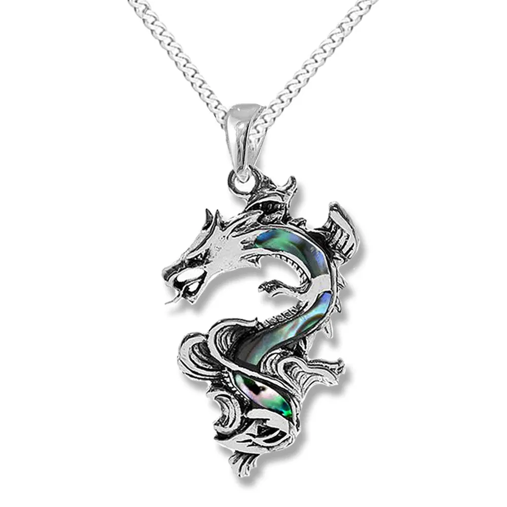 NEW: Fire Dragon Pendant Necklace, Sterling Silver & Paua Shell