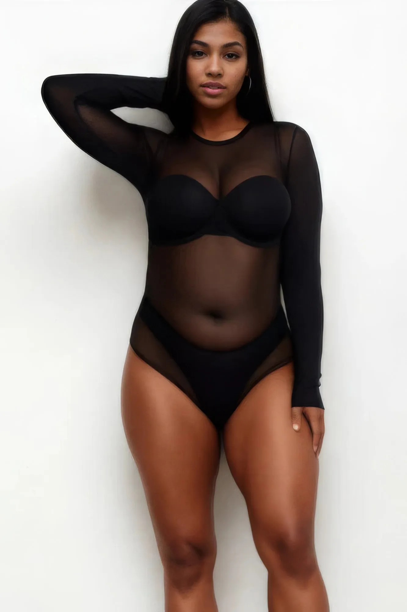 Plus Size Sheer Mesh Long Sleeve Bodysuit - Black