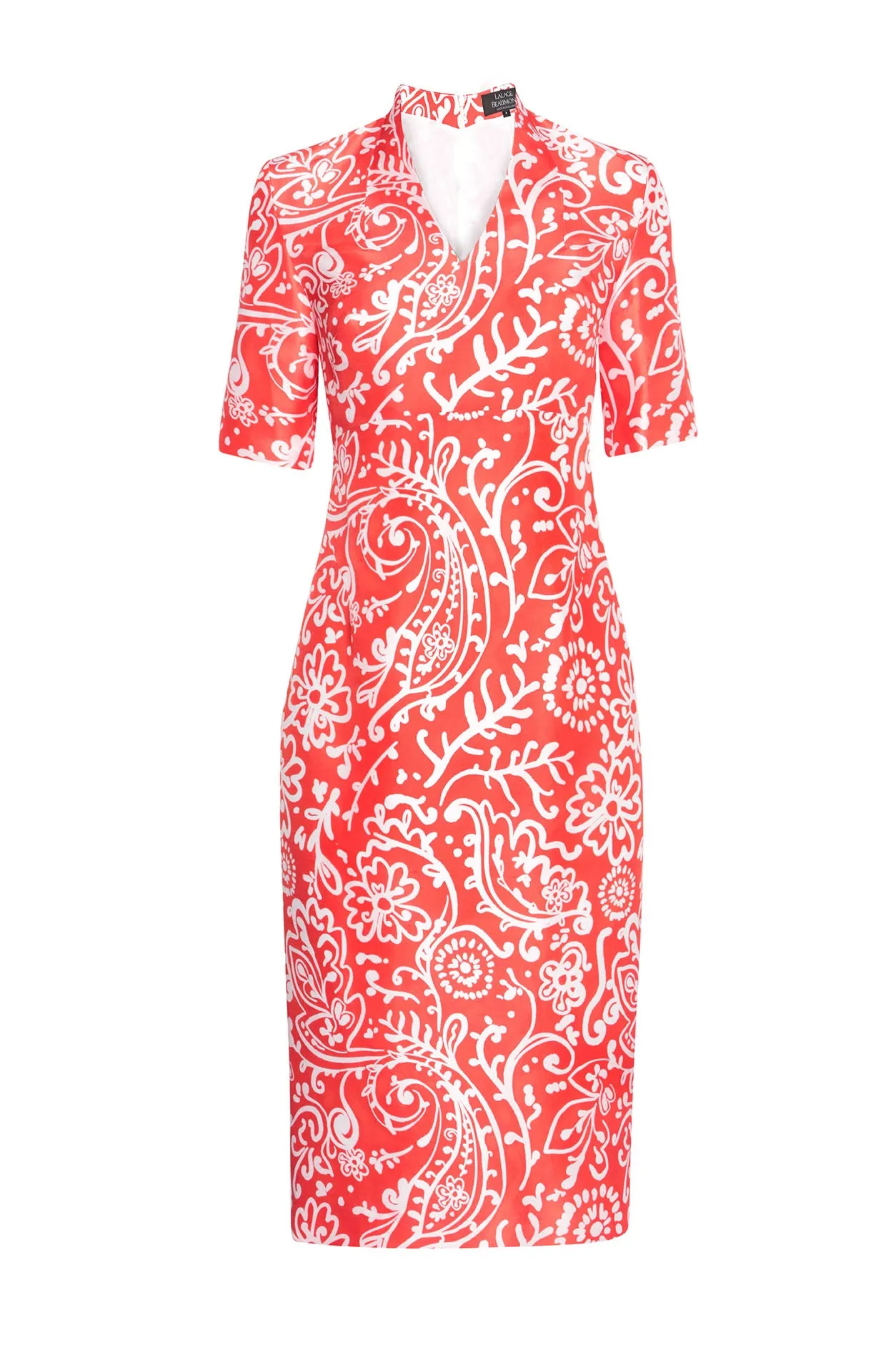 Scarlet/Ivory Silk Shantung Print Dress with Short Sleeves - Em