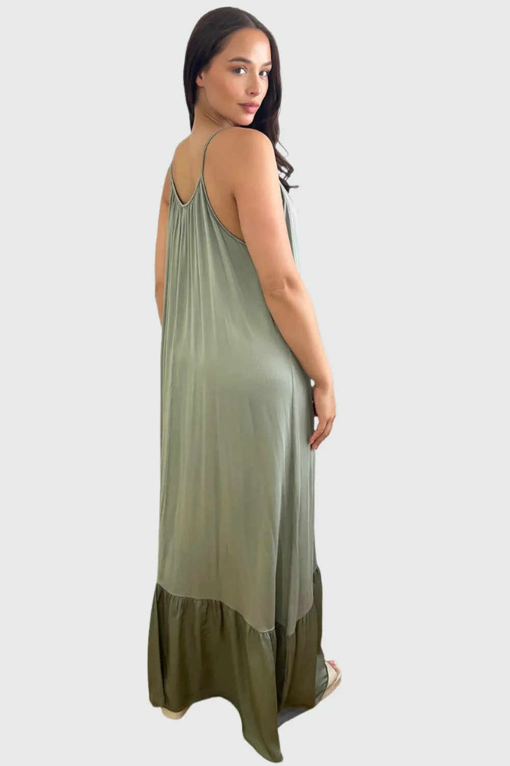 Silk Blend Spaghetti Straps Tiered Maxi Dress