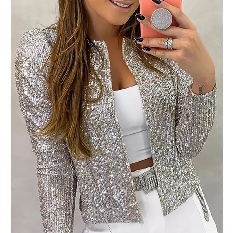 Sparkle Puff Shoulder Gold Sequin Jackets For Women