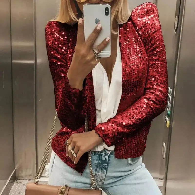 Sparkle Puff Shoulder Gold Sequin Jackets For Women