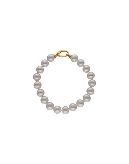 Sterling Silver Gold Plated Long Bracelet for Women with Organic Pearl, 10mm Round White Pearl, 21cm Long, Lyra Collection