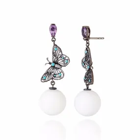 Sterling Silver Statement Butterfly Earrings With White and Mint Enamels, Amethyst, Orange Sapphires & White Agate Beads