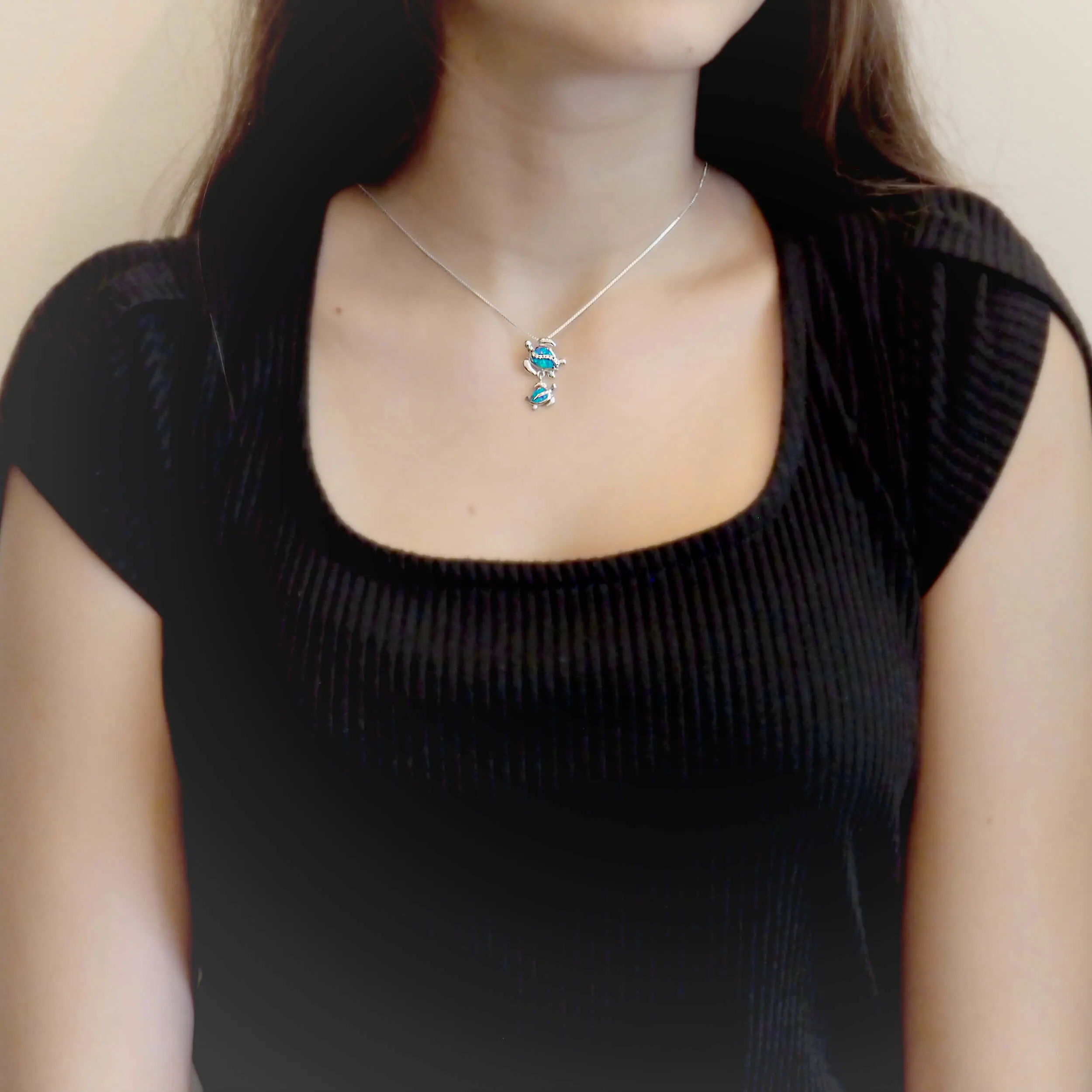 Sterling Silver Synthetic Blue Opal Mother Child Turtle Pendant Necklace