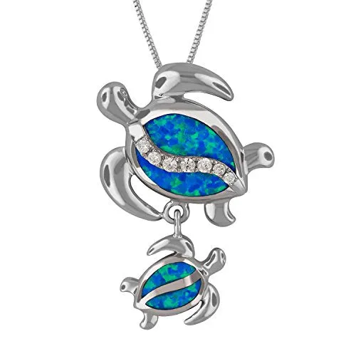 Sterling Silver Synthetic Blue Opal Mother Child Turtle Pendant Necklace