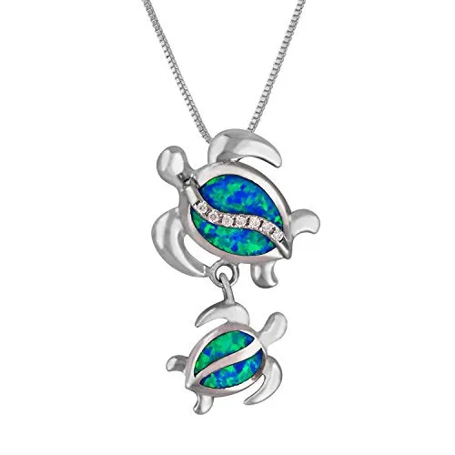 Sterling Silver Synthetic Blue Opal Mother Child Turtle Pendant Necklace