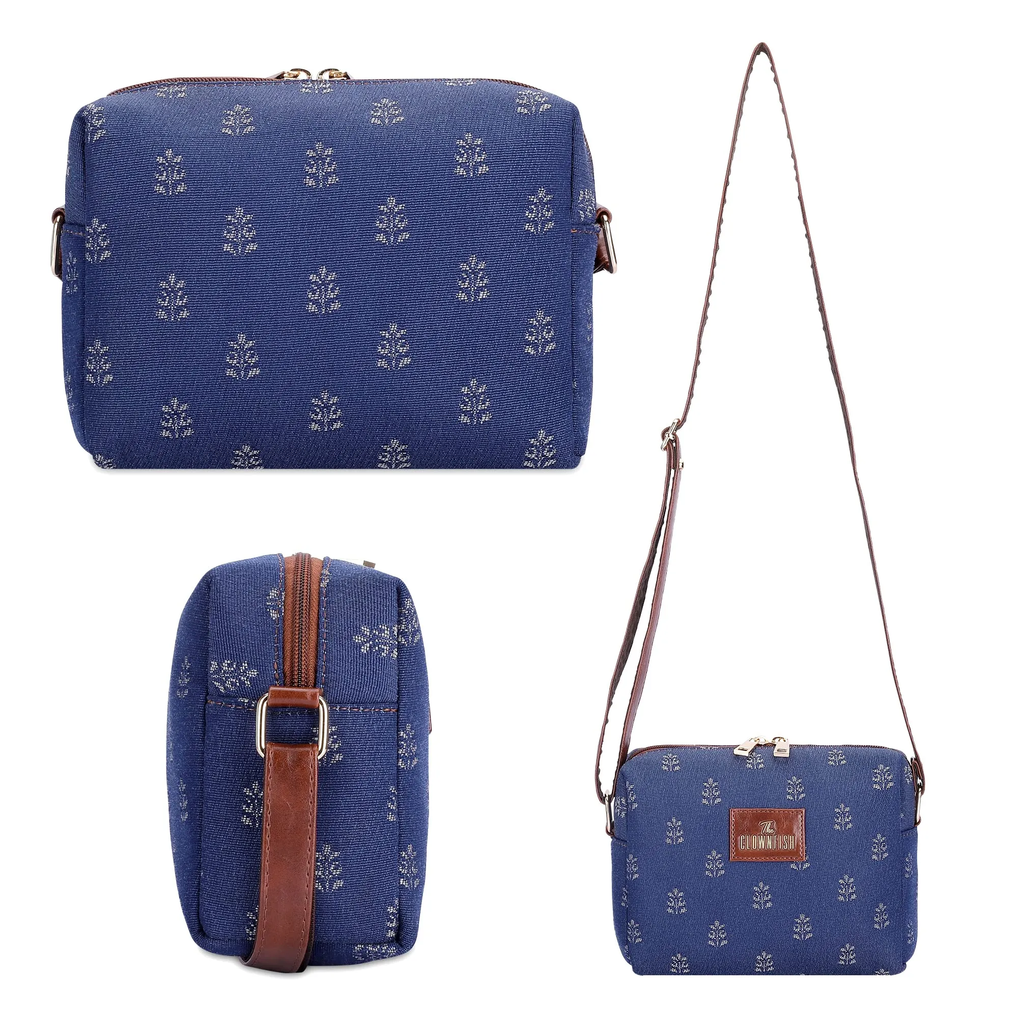 THE CLOWNFISH Combo Of Adelina Sling for Women Crossbody Bag for Ladies College Girls & Justina Tapestry Fabric & Faux Leather Handbag for Women (Denim Blue)