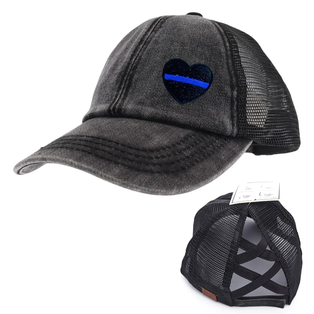 Thin Blue Line Heart Stonewashed High Pony Hat