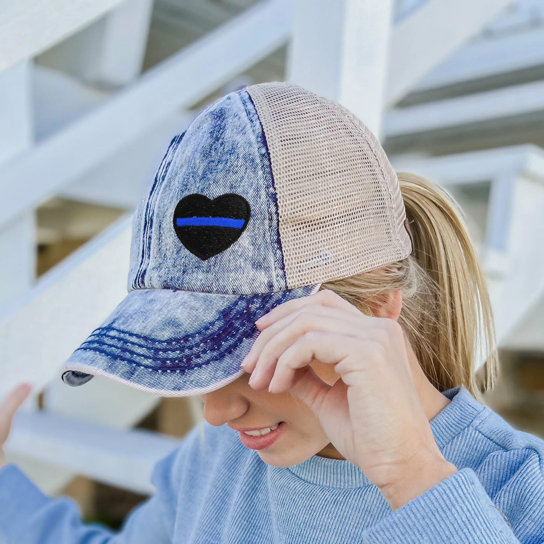 Thin Blue Line Heart Stonewashed High Pony Hat