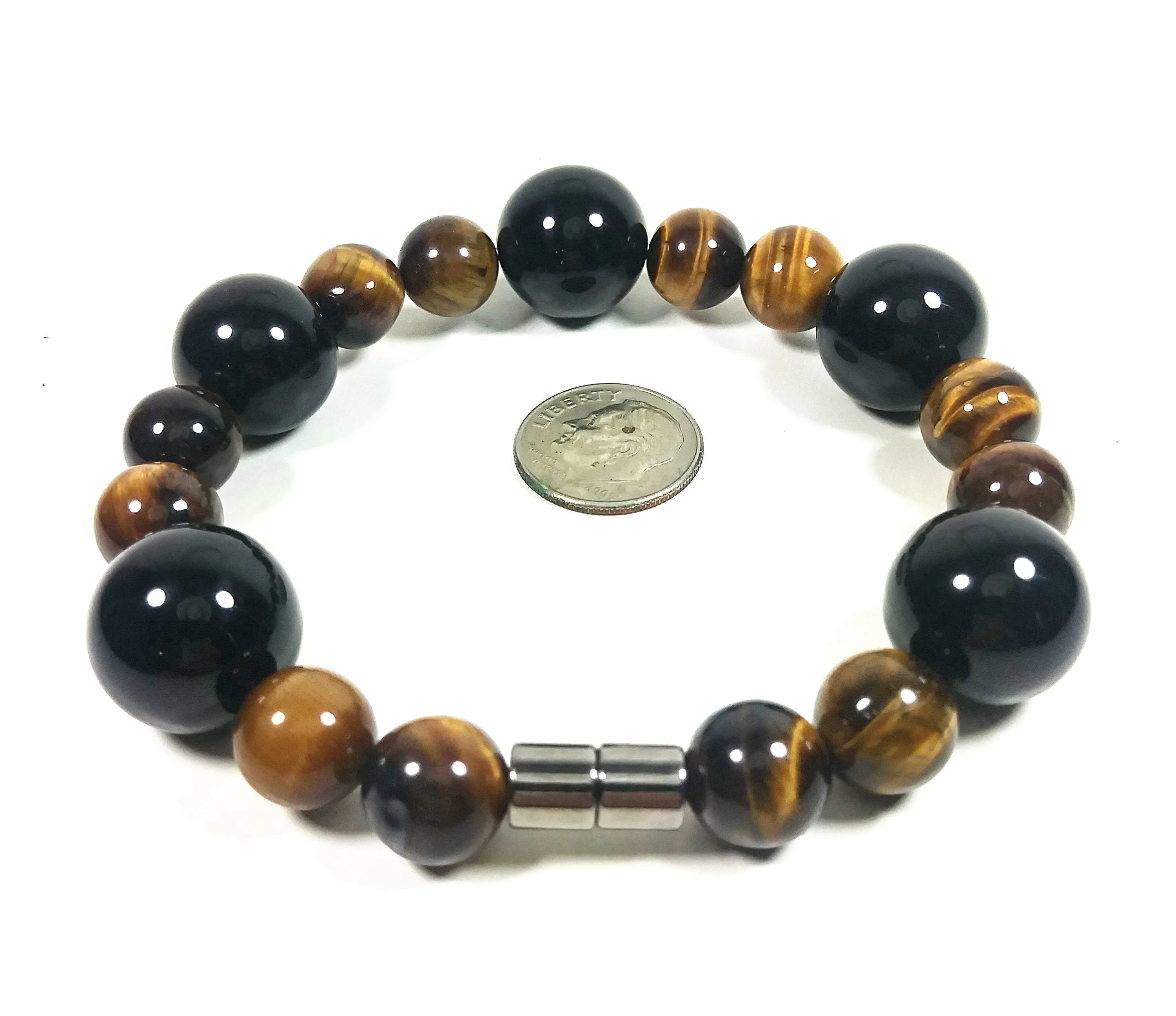 Tiger Eye & Onyx Bead Bracelet For Men And Women - Confidence - Protection -Super Strong Magnetic Clasp