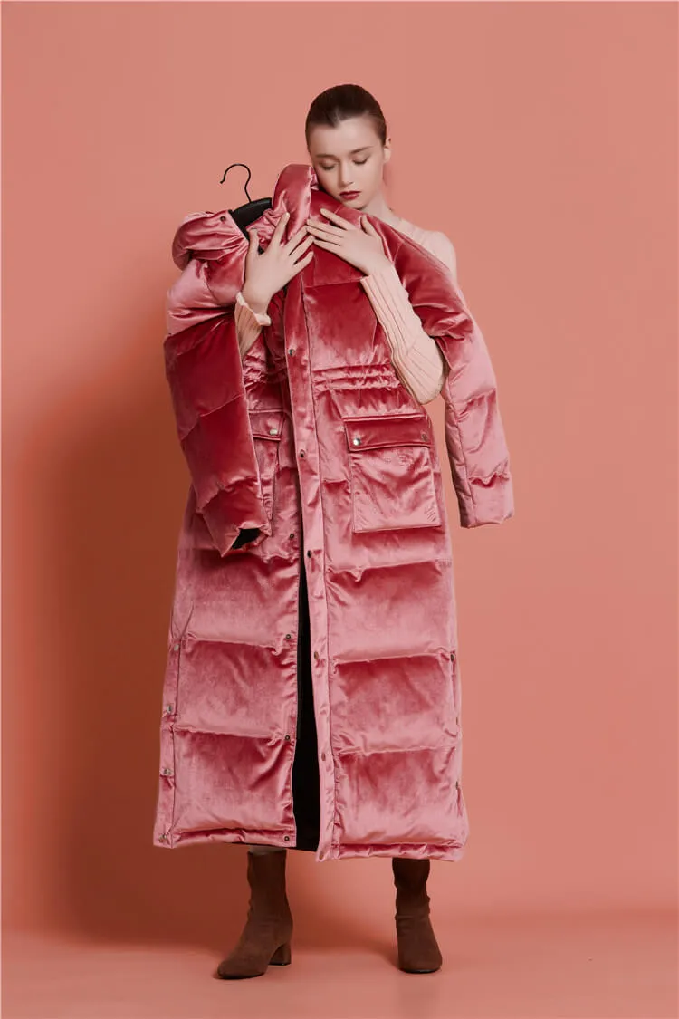 Velvet Hooded Goose Down Puffer Maxi Coat