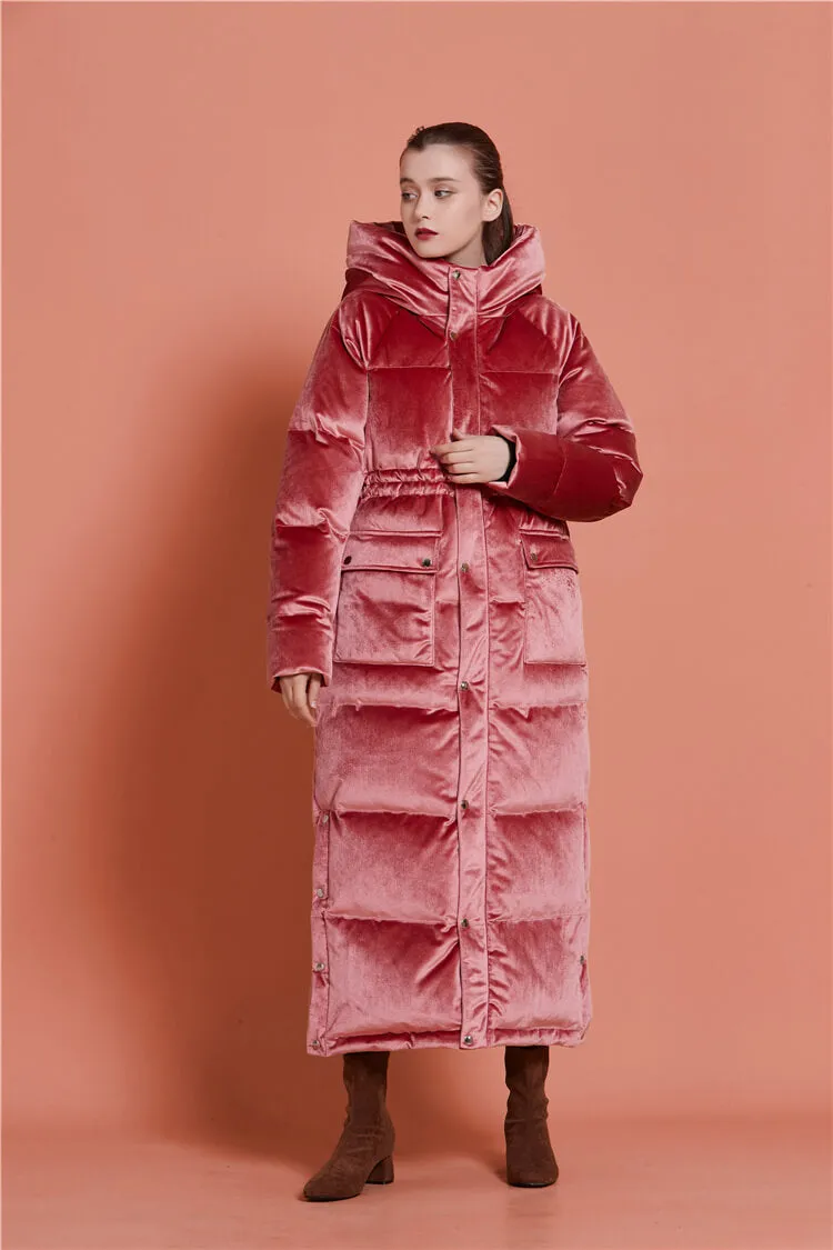 Velvet Hooded Goose Down Puffer Maxi Coat