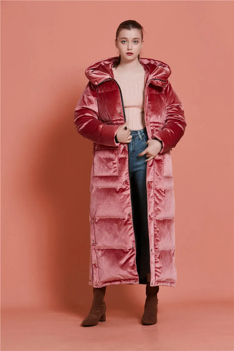 Velvet Hooded Goose Down Puffer Maxi Coat