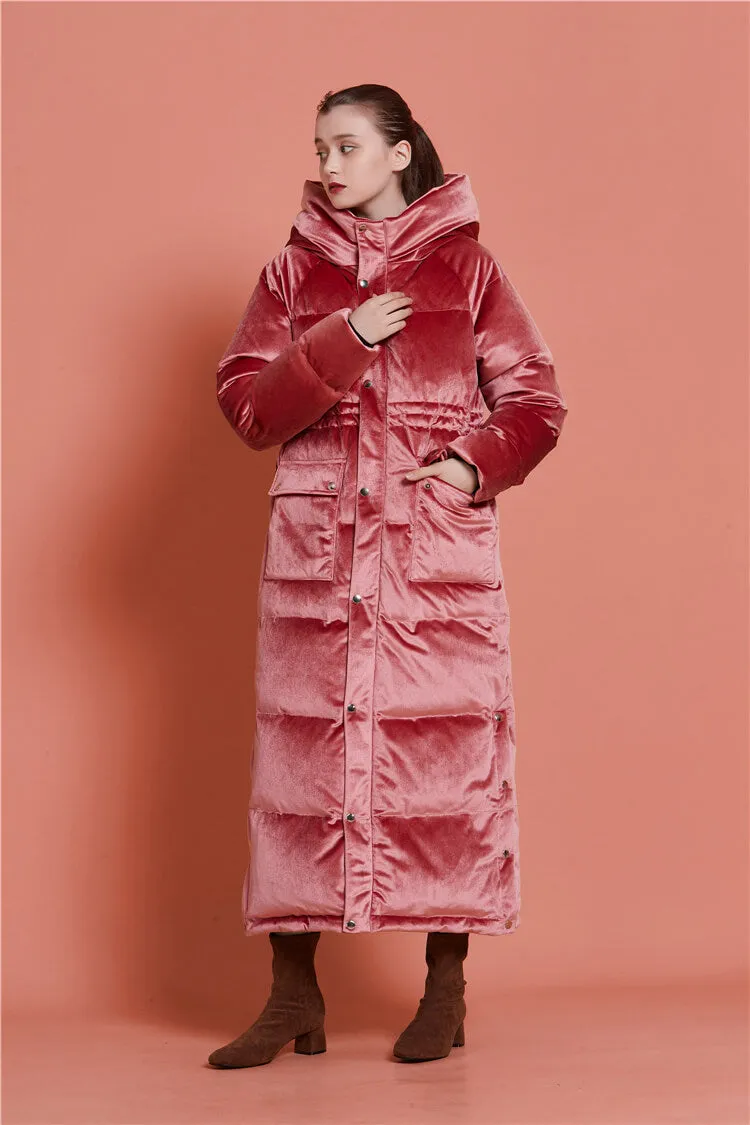 Velvet Hooded Goose Down Puffer Maxi Coat