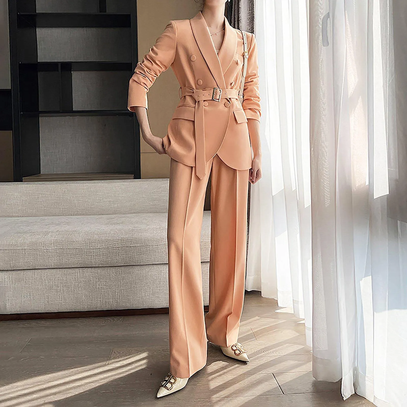 Waist Belt Blazer & Wide Leg Pant Suit Two-Piece Set