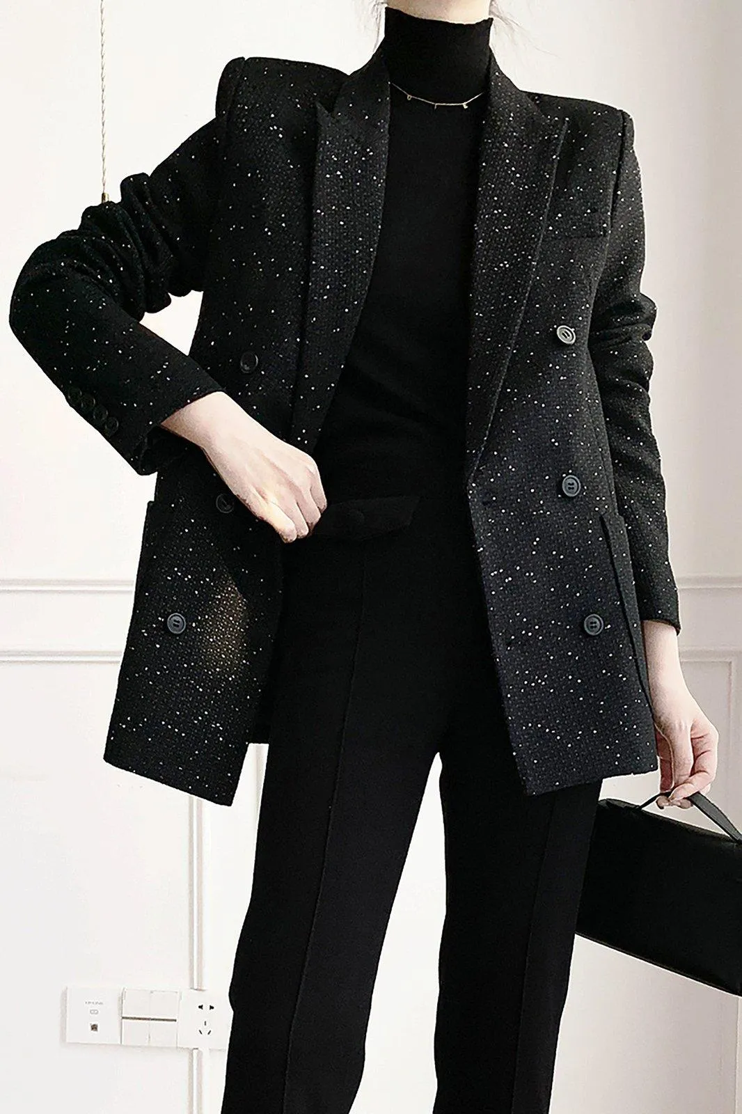 Women Black Tweed Blazer,Oversize Blazer Suit,Autumn Winter Blazer Coat,Double breasted Blazer Coat,Loose Blazer,Business Attire Office Wear