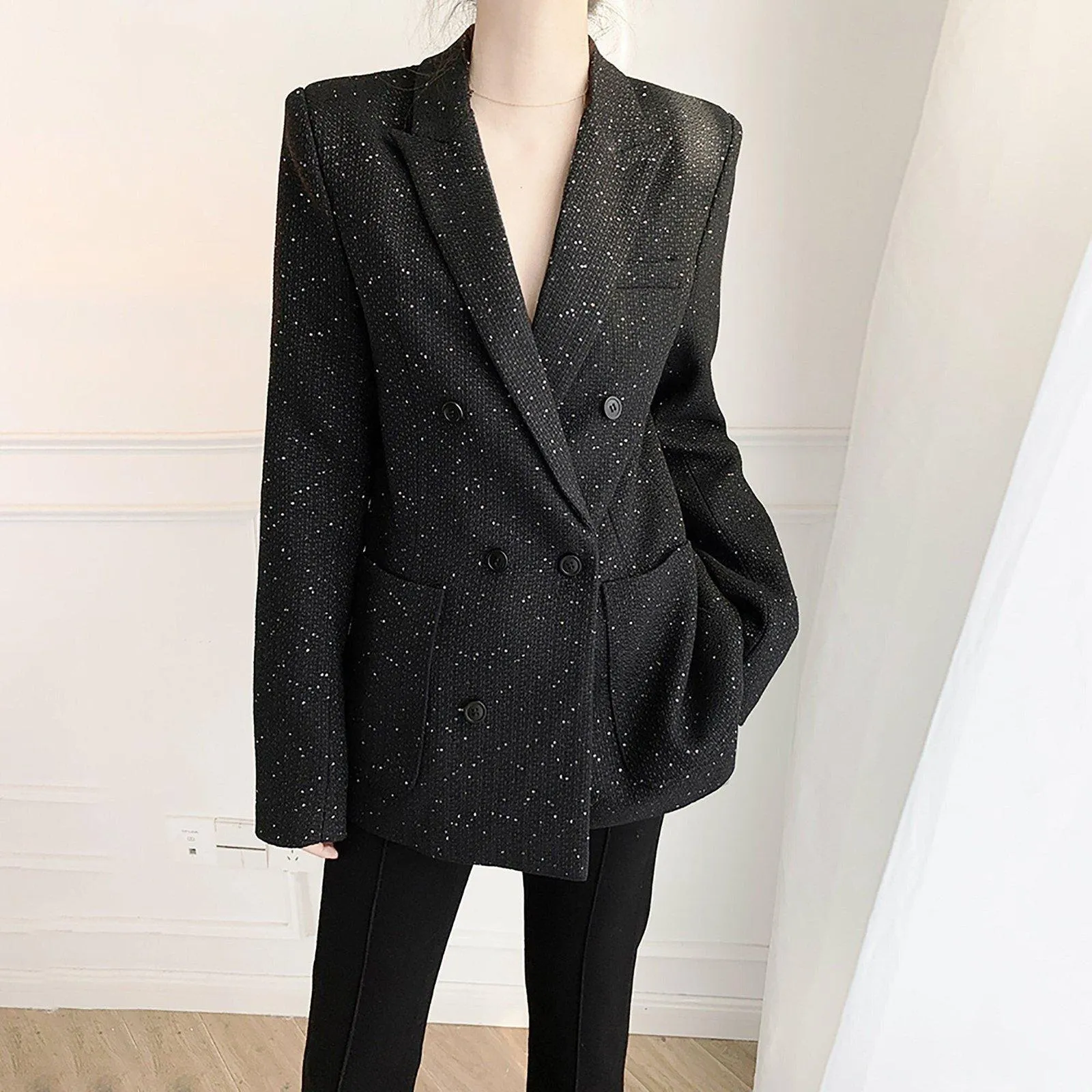 Women Black Tweed Blazer,Oversize Blazer Suit,Autumn Winter Blazer Coat,Double breasted Blazer Coat,Loose Blazer,Business Attire Office Wear