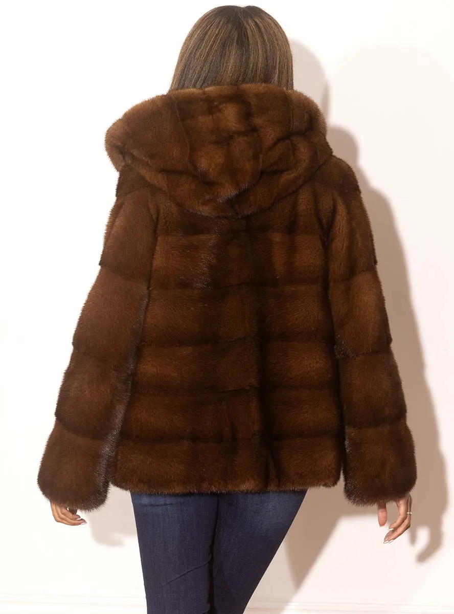 Women's Horizontal SAGA Mink Fur Jacket with Hood