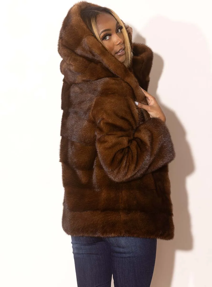 Women's Horizontal SAGA Mink Fur Jacket with Hood